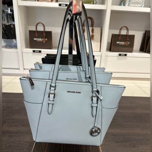 NWT Michael Kors Charlotte Large Zip Shoulder Tote Saffiano Leather Vista Blue - Picture 2 of 11